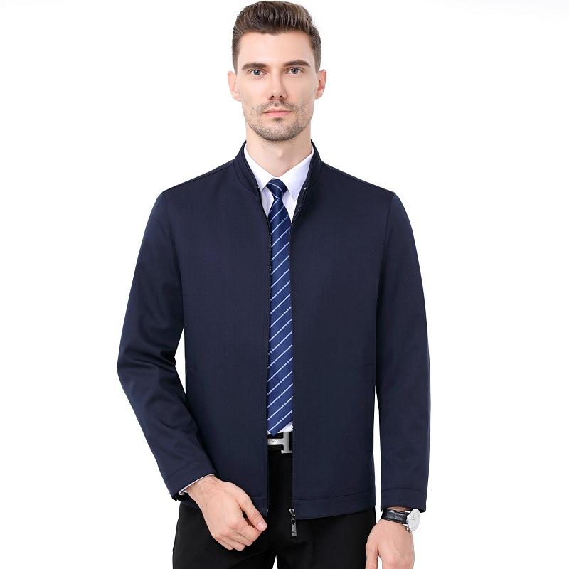 Mulberry silk jacket men's stand-up collar business casual top autumn new solid color middle-aged and elderly non-iron coat jacket