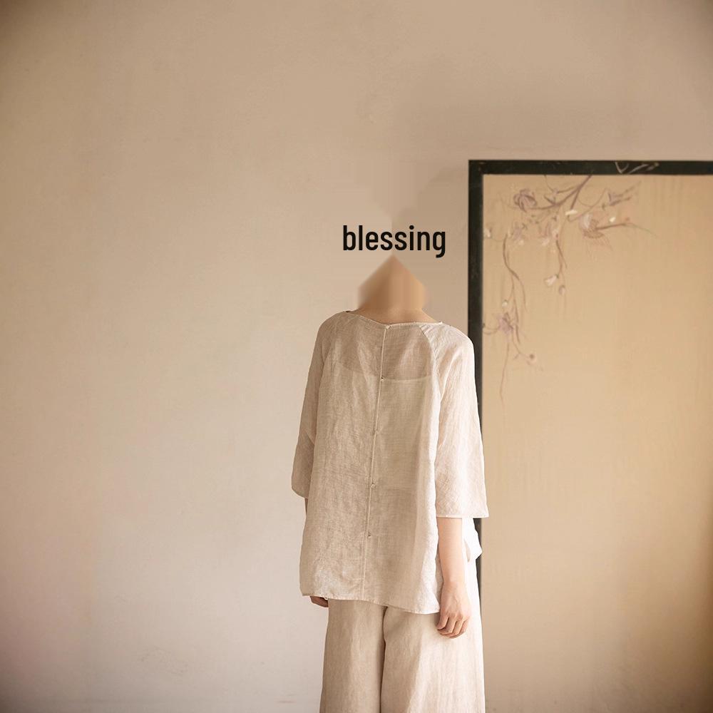 Autumn Artistic Embroidery Ramie Shirt - Zen Tea-Inspired Retro Loose Chinese Top