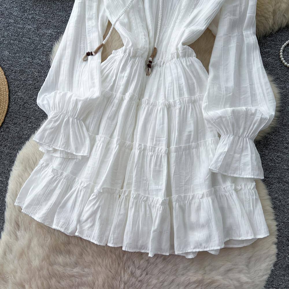 White lantern sleeve slim-fitting dress for women's spring and autumn ruffle leaf edge lace-up waist and thin A-shaped skirt