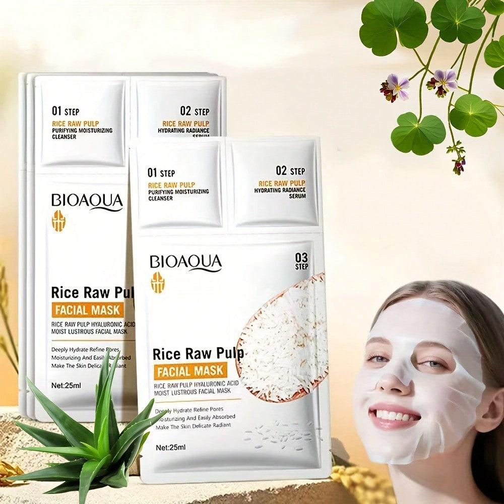 BIOAQUA Weißer Reis Gesichtsmasken Set Feuchtigkeitsspendend Aufhellend Anti-Falten Gesichtsserum Reiniger Gesichtsmasken Hautpflege-Set
