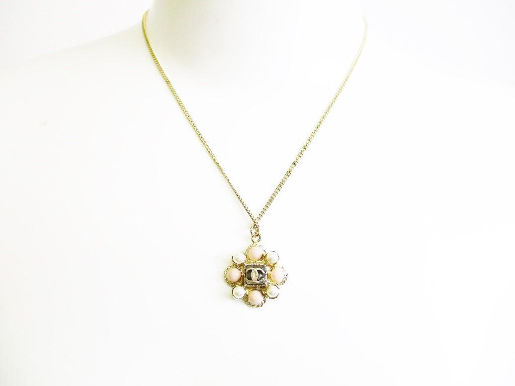 Authentic CHANEL CC Logo White and Light Pink Stone Gold Chain Necklace #7437 Seller refurbished