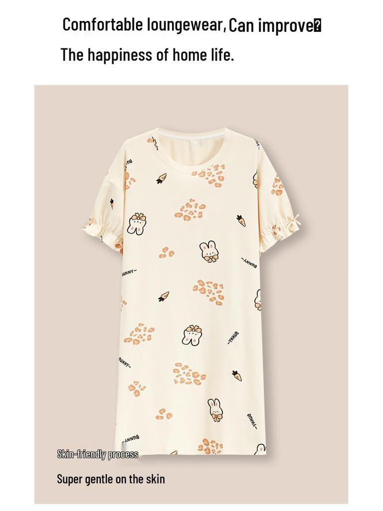 7A Women's Antibacterial Cotton Nightgown, Short Sleeve, Plus Size, Medium Length, Versatile for Outdoor Wear, Sweet Summer Home Dress