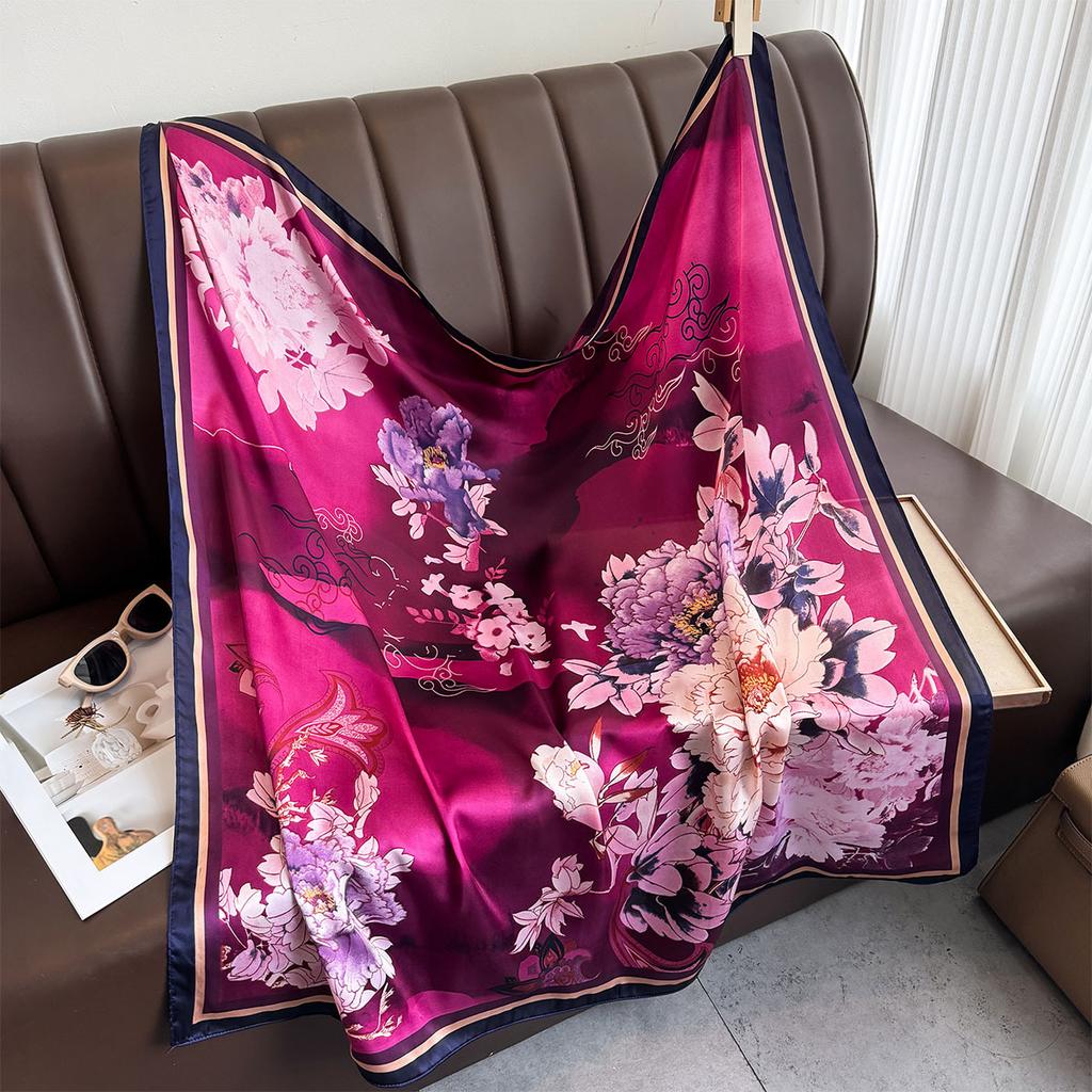 90cm Square Scarf Retro Floral Print Silk Scarfs Neck Scarves Headscarf Wraps Shawls Hijabs for Woman Satin Bandana Head Scarf