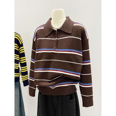Vintage Polo Lapel Knitted Sweater Autumn and Winter Design Sense Casual Contrasting Striped Sweater Women's Outerwear Top