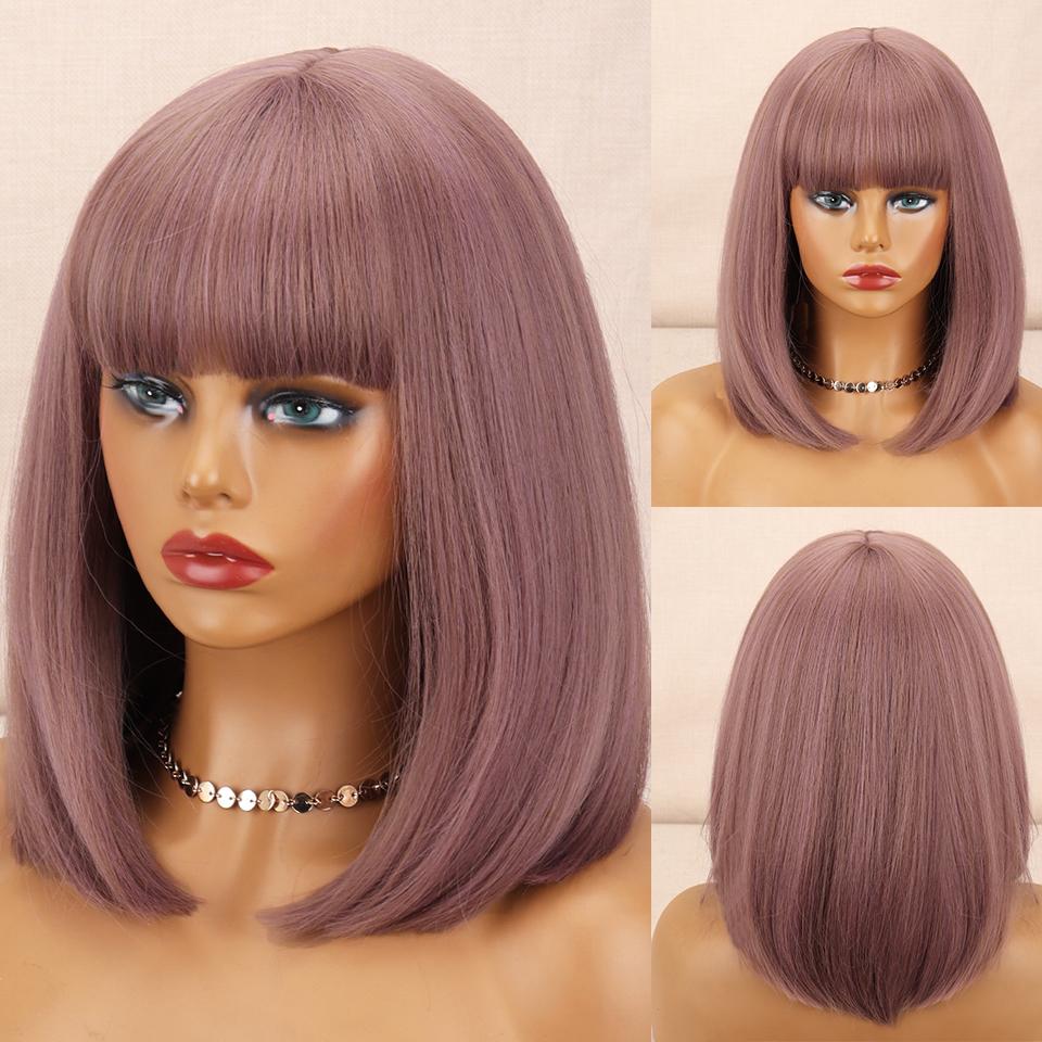 MISSQUEEN Synthetic Brown Gradient Bangs Bob Wig Shoulder-length Straight Wig Suitable for Female Role Daily Wig Heat-resistant Fiber