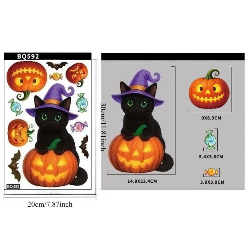1PACK Halloween pumpkin glass sticker, exquisite holiday party decoration arrangement candy pumpkin lamp black cat window sticker