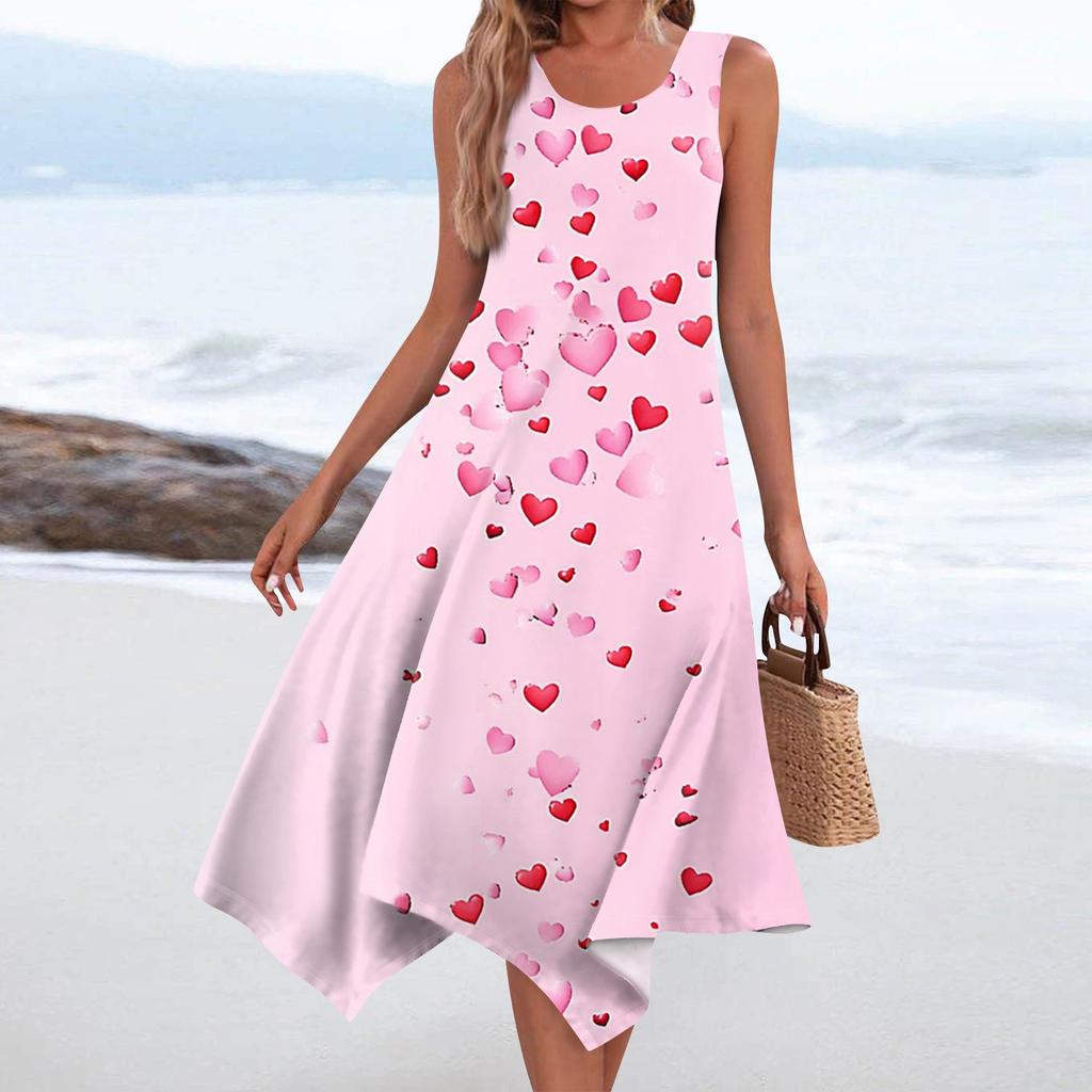 Women's Casual Fashion Round Neck Sleeveless Print Irregular Hem Midi Dress