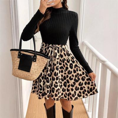 Abito aderente Patchwork Stampa Leopardo Moda Autunno Inverno Donna Abito in Maglia Manica Lunga Elasticità A-line Mini Abiti Y2k