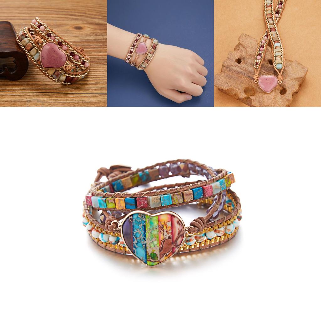 Three Layer Winding Leather Beaded Bracelet With Agate Stones For Women Gift