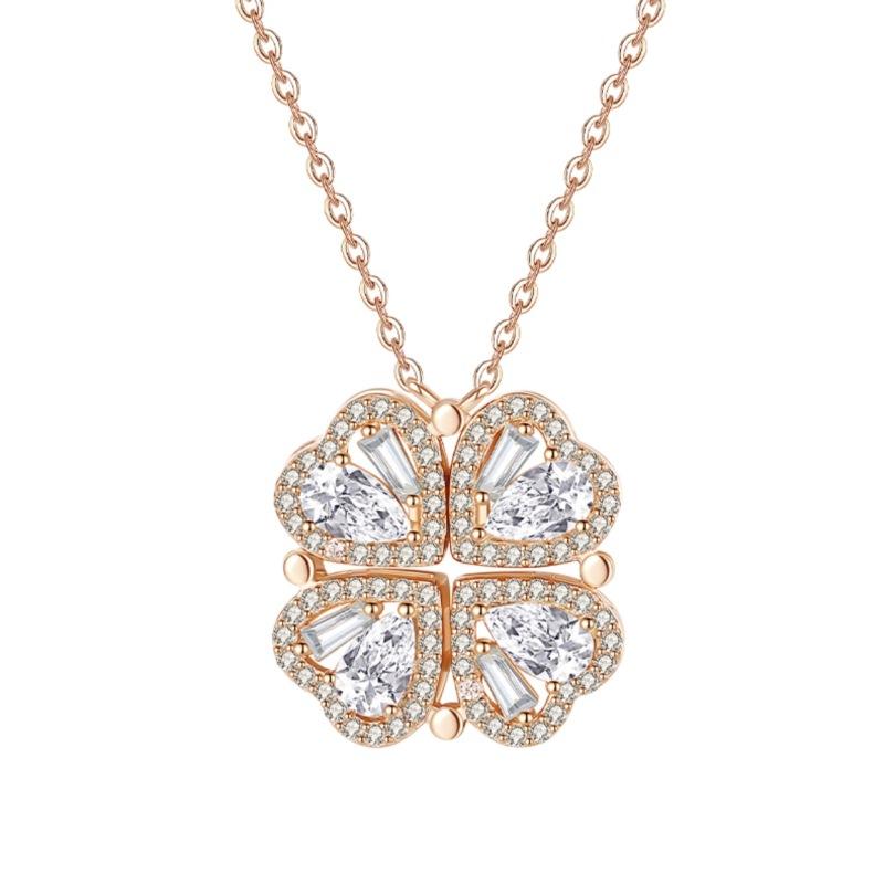 

S925 Sterling Silver Four Leaf Clover Necklace for Women , Light Heart Pendant with Cubic Zirconia , Delicate Chain 41 925 / option 2 золотой