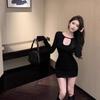 Pure desire sexy hottie black slim-fit U-neck long-sleeved dress women's autumn high waist pleated hip-wrapped short skirt