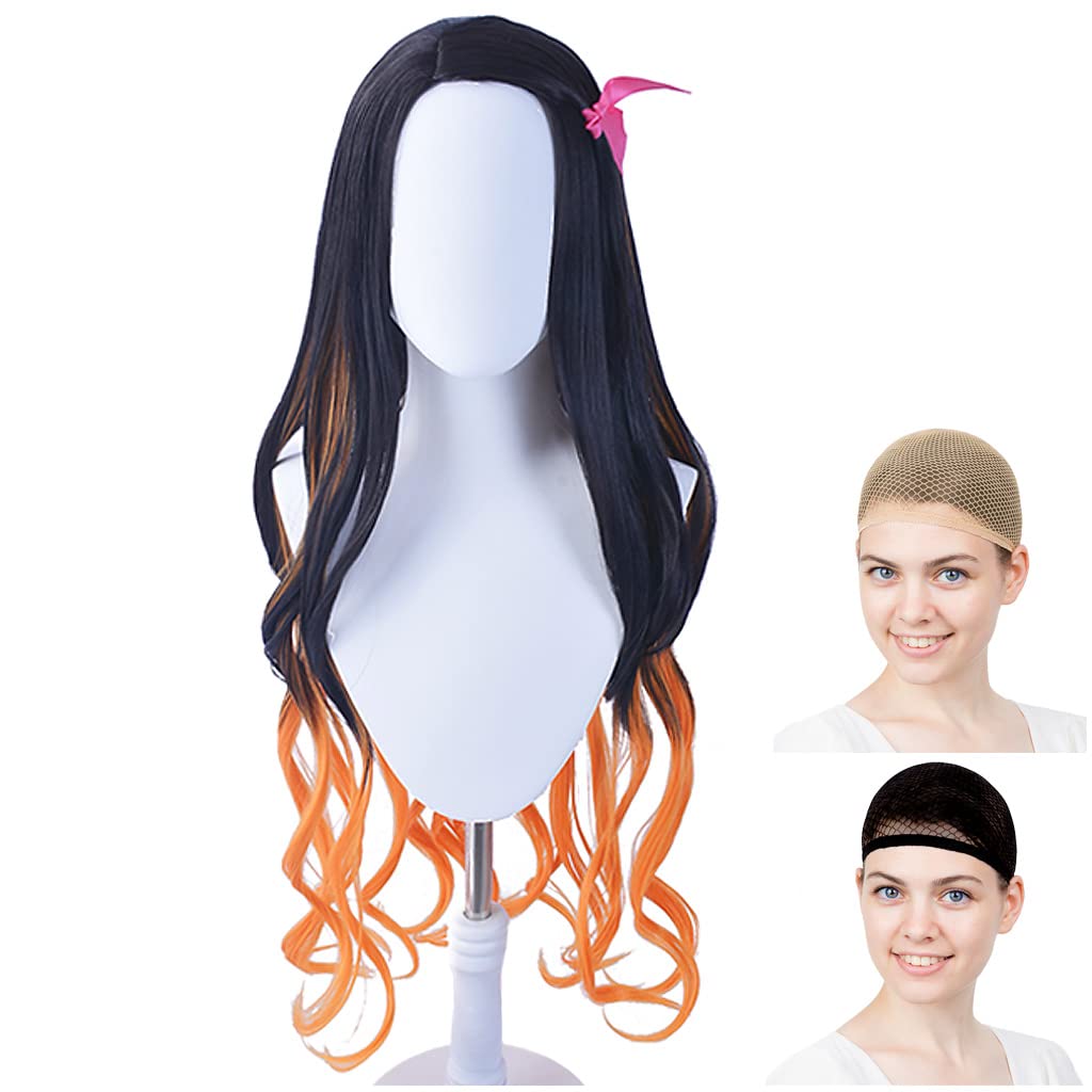 

CaseEden Cosplay Wig Nezuko Kamado Long Black Orange White Merche Wig Net Set of 2 WIG5508
