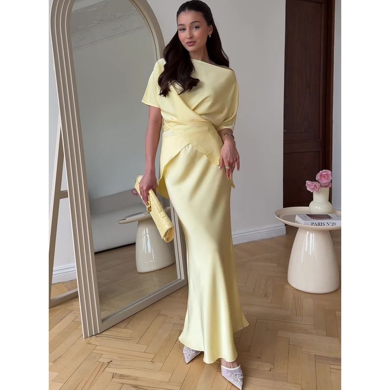 

Short Sleeve Long Skirt European and American Summer Sexy Temperament Short sleeve Long dress Set Dress Women Light yellow XXL