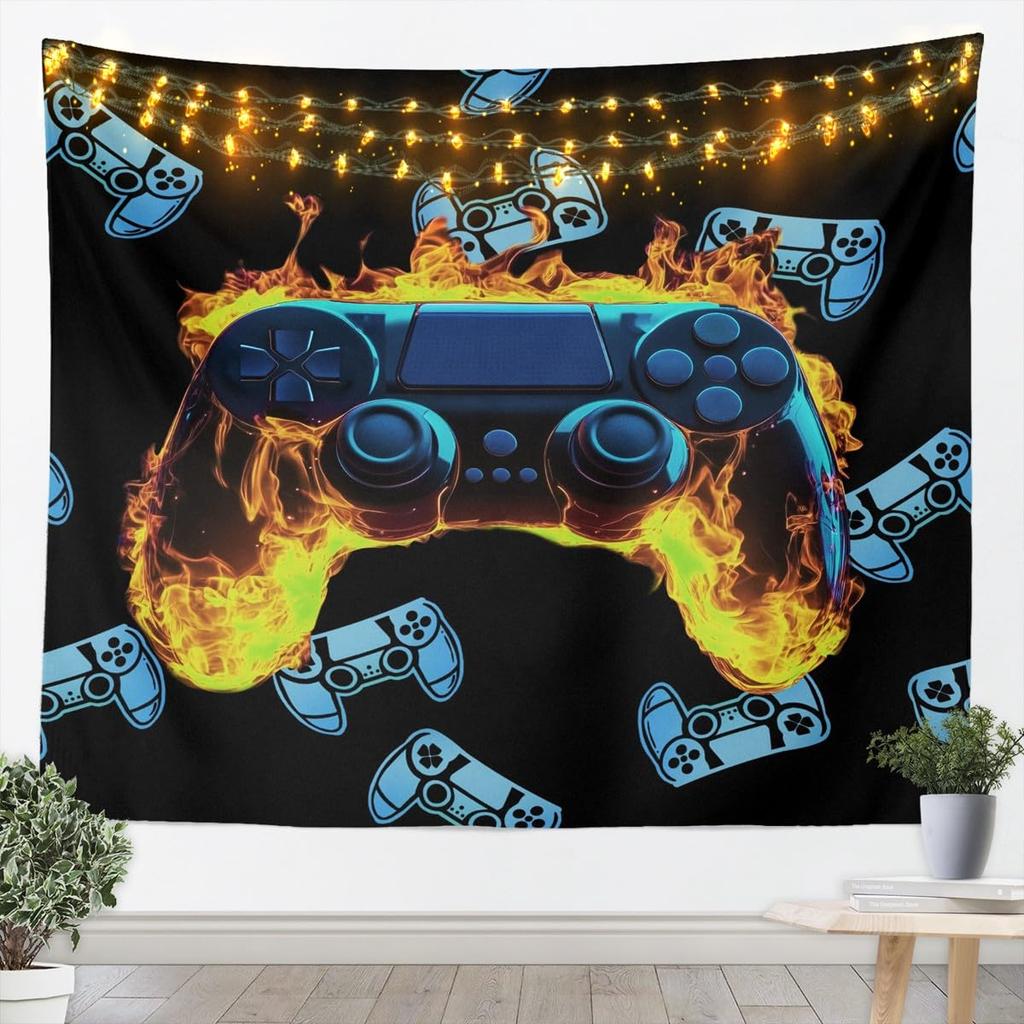Flame Gaming Controller Tapestry, Black Background with Colorful Controller Pattern for Boys' Bedroom and Gamer Room Decor