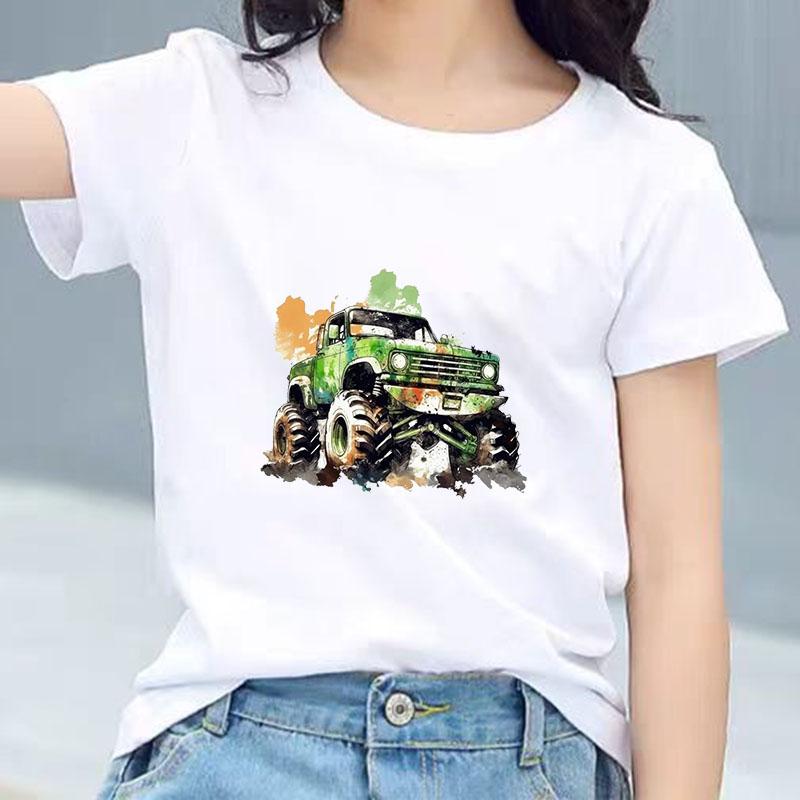 Kids Cotton T Shirt Green Watercolor Offroad Car Print Crew Neck Short Sleeve Tee Casual Breathable Boys Girls Summer Tops