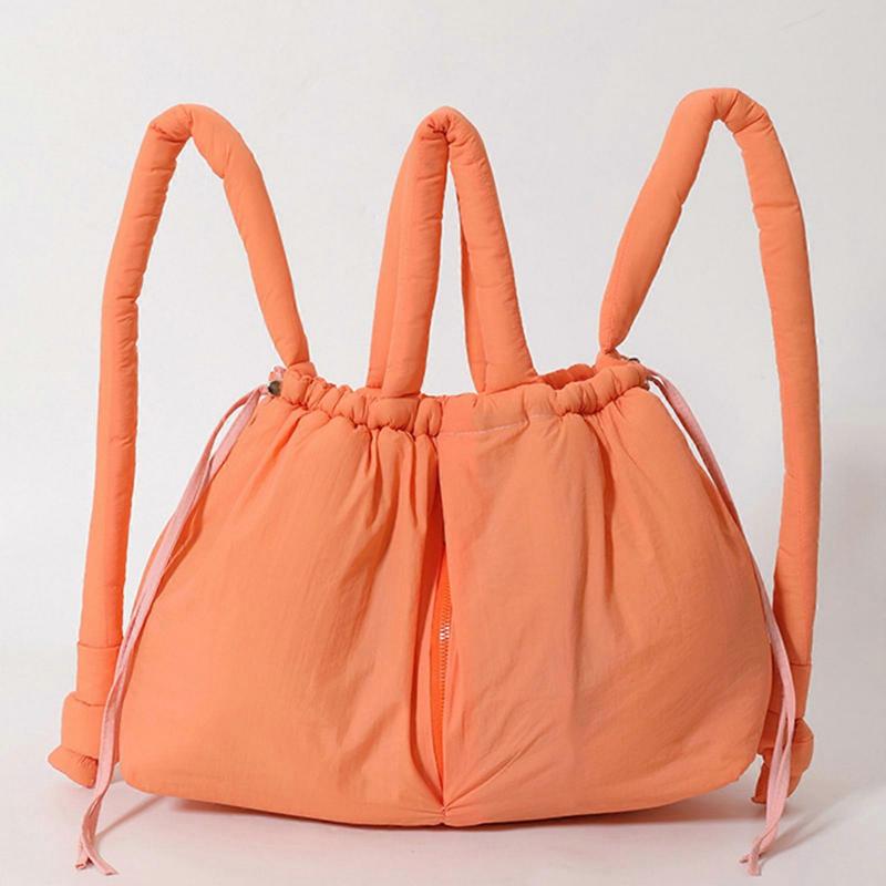 Women Puffer Backpack Solid Color Shoulder Bag with Adjustable Strap Simple Crossbody Bag Large Capacity Handbag White