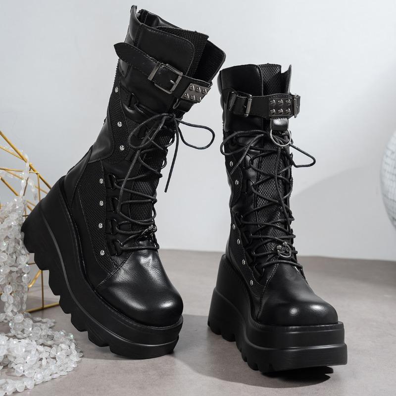 

Mid-Tube Boots Fashion Round Toe Lace-Up Platform Rivet Anti-Slip Wear-Resistant Women s Boots 35 чёрный