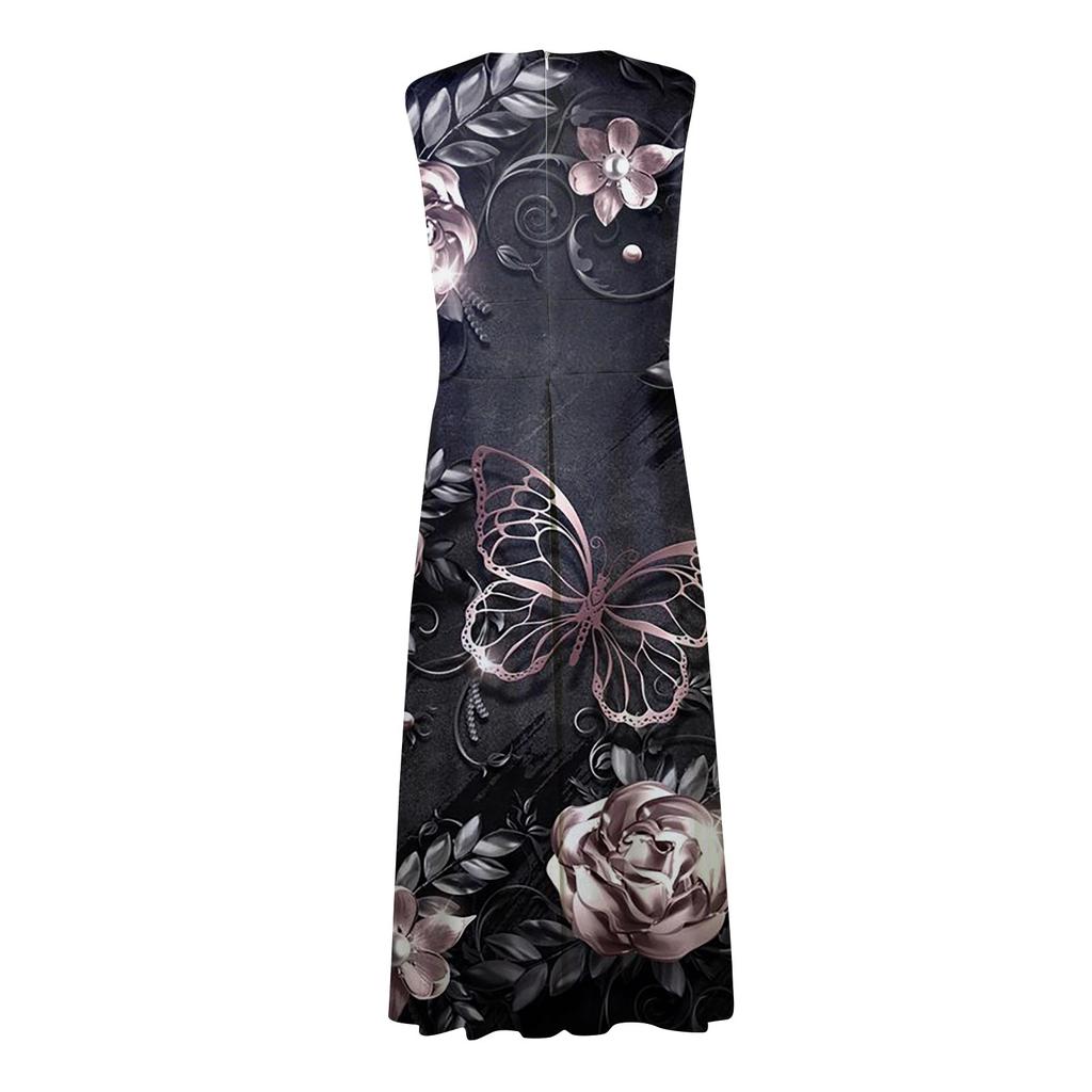 Damska długa sukienka Maxi Sukienka Casual Dress Letnia swobodna sukienka bez rękawów z dekoltem w szpic Boho z obniżoną talią i nadrukiem