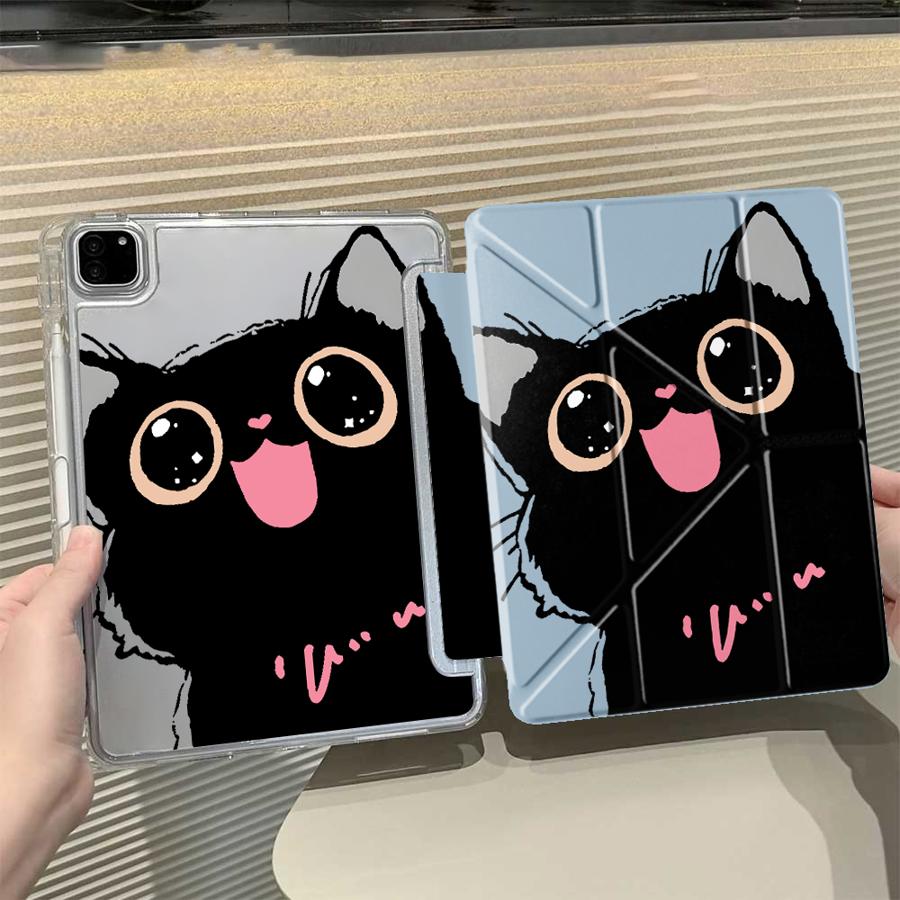 Cute Little Black Cat Y-Fold Holder Cover Tablet Case For iPad Pro 2025 Mini 6 7 Air 4 5 M3 M2 1 2 M4 11inch Pro 11th 10th 9th
