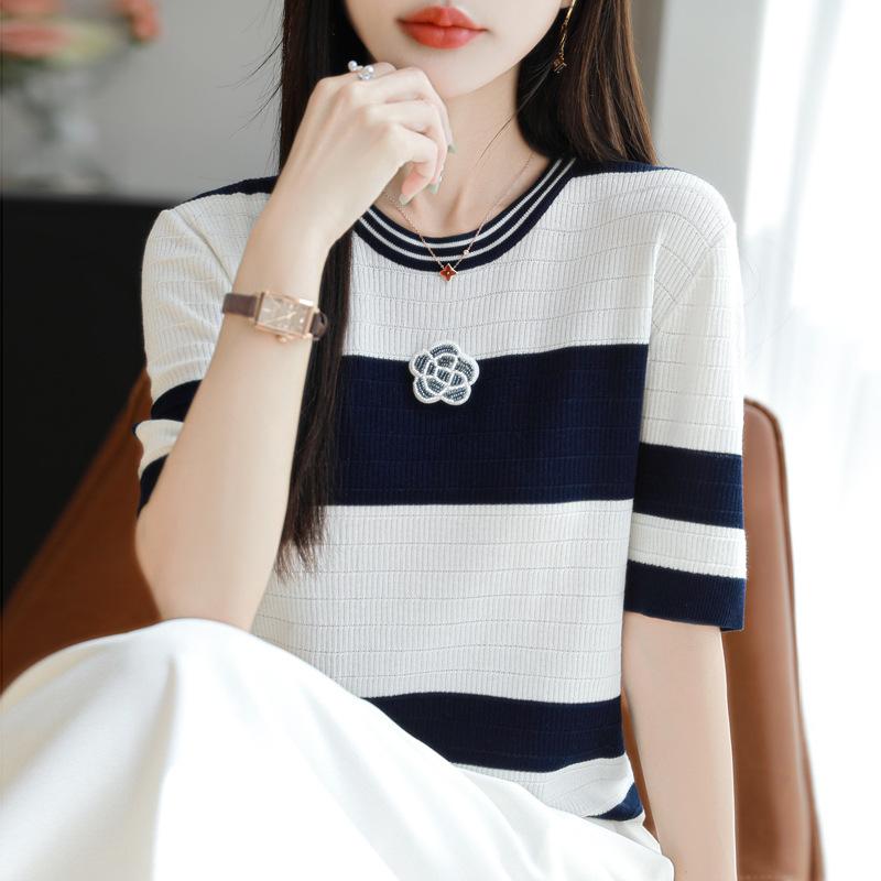 

Женская летняя модная универсальная футболка для тенниса с короткими рукавами, контрастная футболка с круглым вырезом и камелией, свободный топ с высоким темпераментом XL темно-синий