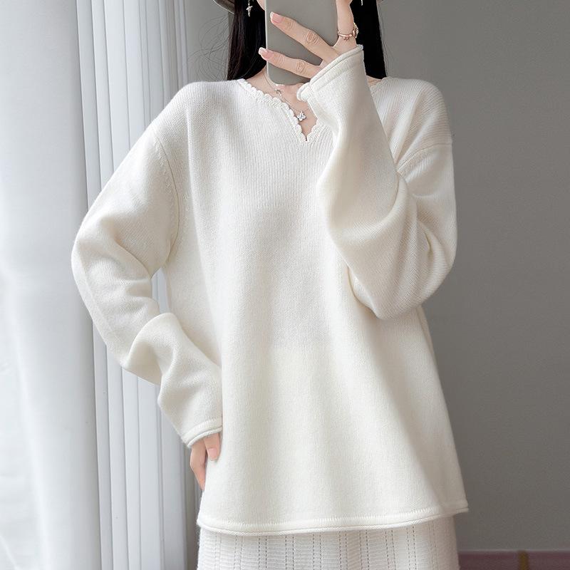 Women's 100% Wool V-Neck Lace Knit Pullover - Long Sleeve, Solid Color, Loose Fit Sweater for Autumn/Winter