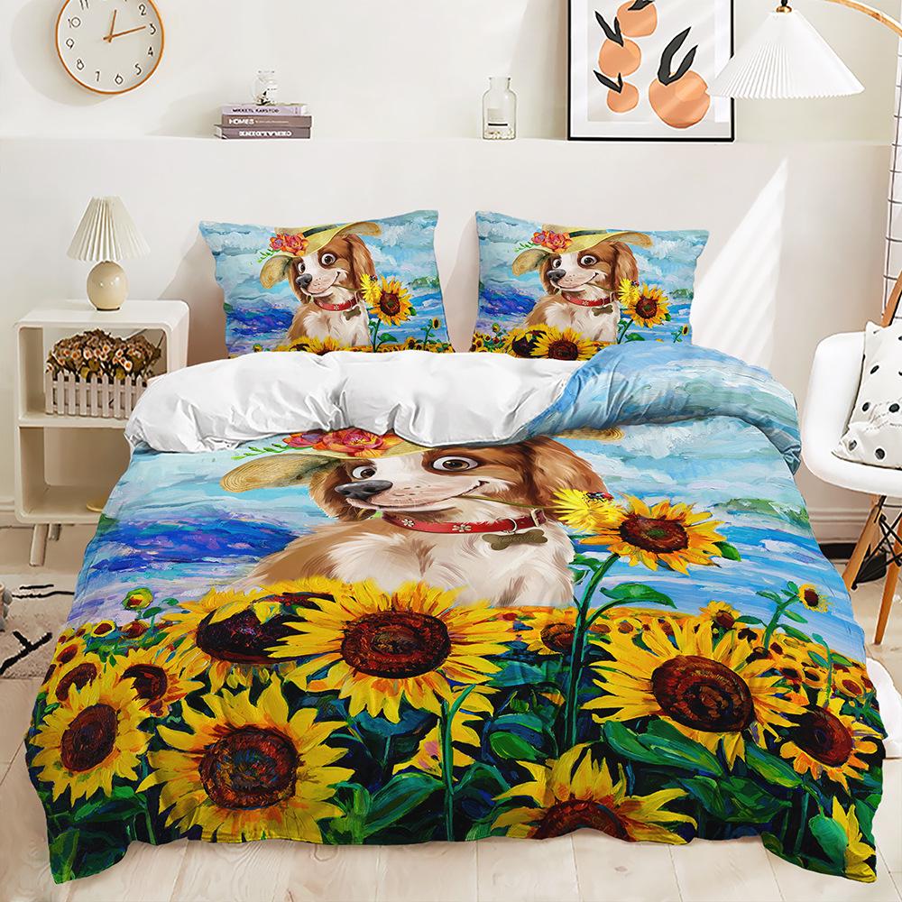 Quilt Cover Idyllic Sunflower Cow Pillowcase Digital Printing Bedding Three-Piece Batch
