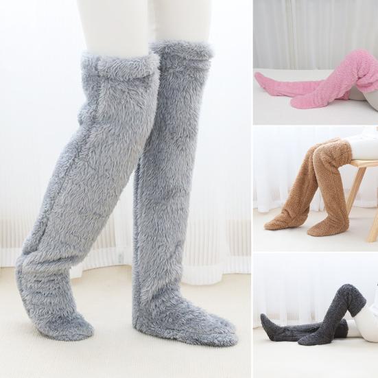 Fuzzy Thigh-High Socks Fluffy Leg Warmers Thickened Plush Over The Knee Socks with Sole Holes for Winter Home Lounging Sleeping