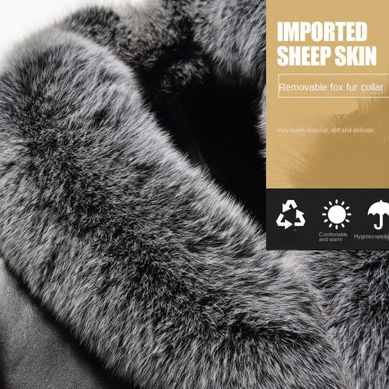 Päls allt-i-ett herrpäls päls snörävpälskrage förtjockad mellanlång fårskinn äkta läderkappa herrpäls