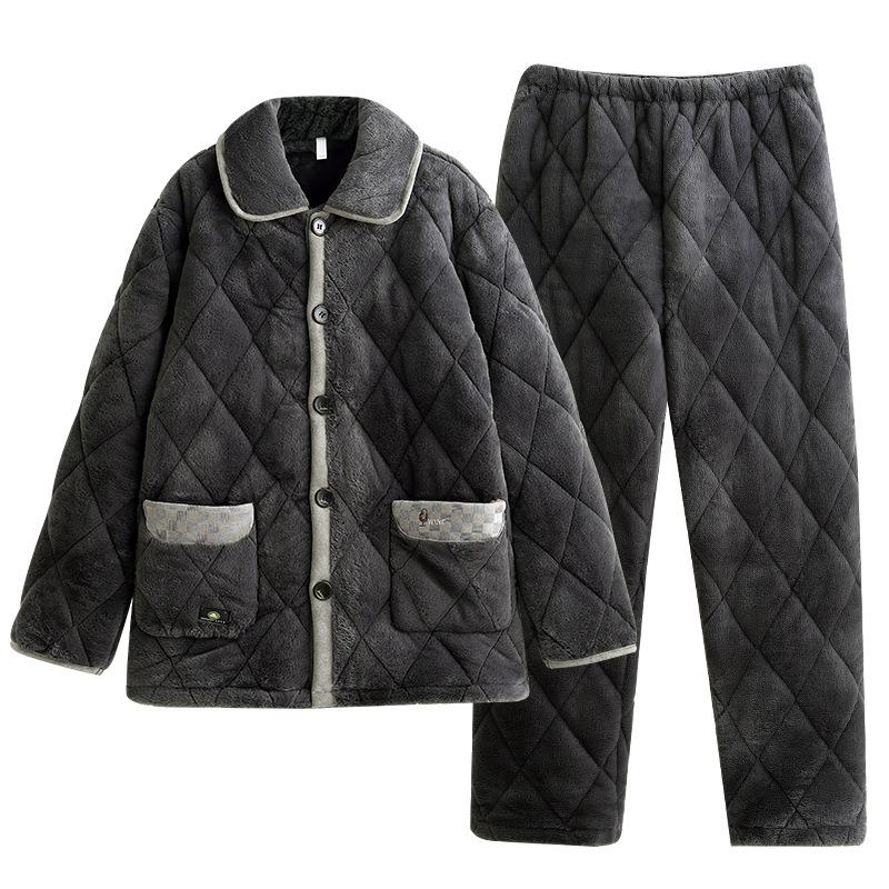 Pajamas Men'S Winter Coral Fleece Three-Layer Padded Cotton Thickened Fleece Thermal Zipper Winter Loungewear Thermal Suit