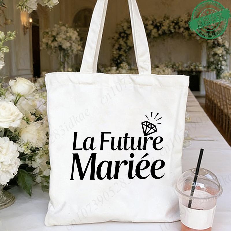 French Girl EVJF Future Bride Team Canvas Tote Bags Bachelorette Party Bridal Shower Shopping Bags with Diamond Ring Design