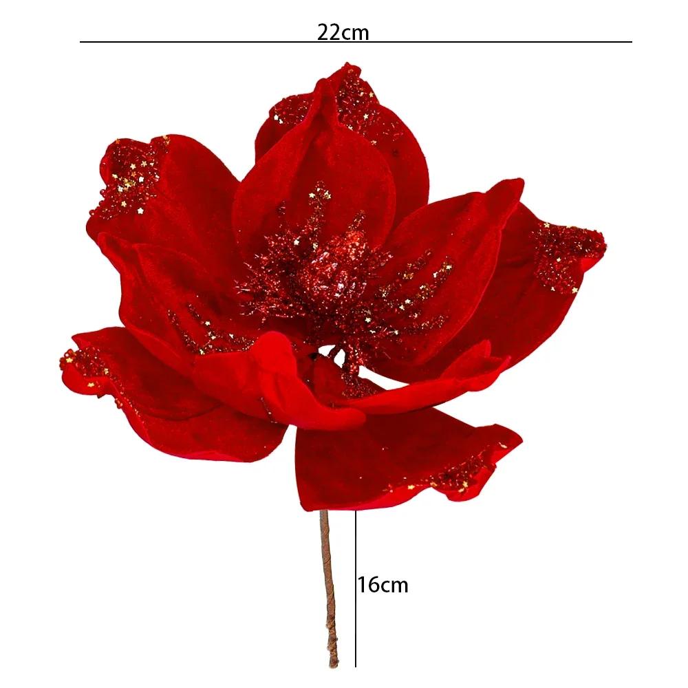 1/10pc Artificial Glitter Christmas Flowers Red Poinsettia Xmas Tree Hanging Ornament Glitter Magnolia Fake Flower Wedding Party