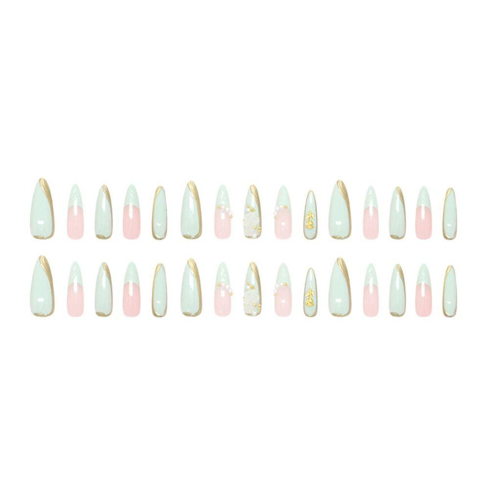 24pcs Manicure Long Almond Stiletto False Nails French Green Wavy Fake Nails Detachable Pearl French Nail Tips Women