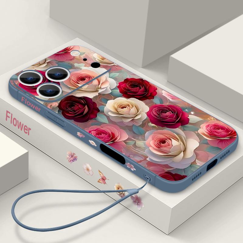 Oil Painting Rose Flowers Lanyard Case For iPhone 17 Pro Max Soft Silicone Cover For iPhone 16 Pro Max Funda iPhone 15 14 13 12 11 16E