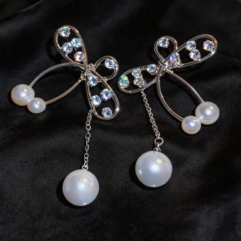 Silver Needle Luxury Zircon Pearl Bow Tassel Stud Earrings - High-End Personalized Accessories for Women