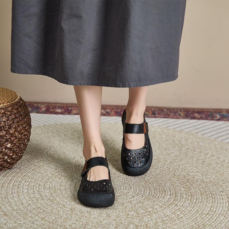 The first layer of cowhide retro genuine leather women's head summer new flat-bottomed Velcro hollow women's casual shoes