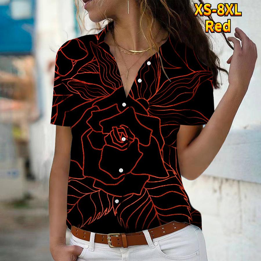 2025 Summer New Fashion Women's Flower Printed Short Sleeve V-neck Casual Button-down Shirt Top