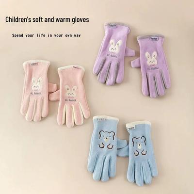Children's Winter Cartoon Fleece-Lined Gloves for Boys and Girls - Windproof, Five-Finger Design for Cycling and Cold Weather