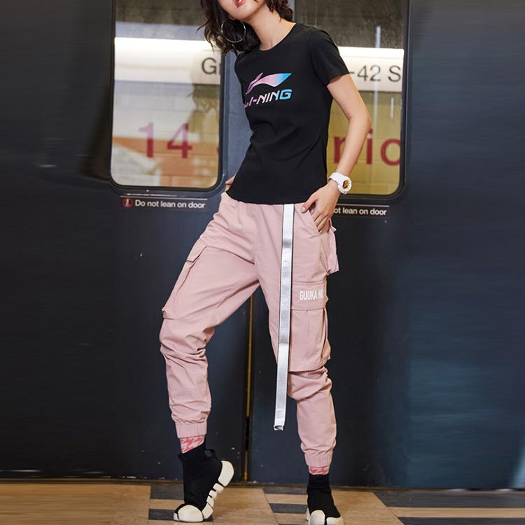 Li Ning Sports Fashion Series Large Logo Print Round Neck Pullover Short Sleeve T-Shirt Women T-Shirts Black AHSP302-2