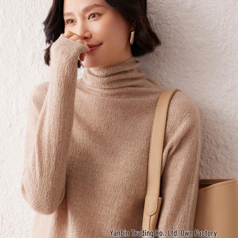 Autumn Winter Women's 12-Gauge Cashmere Stand-Up Collar Knit Sweater Pullover