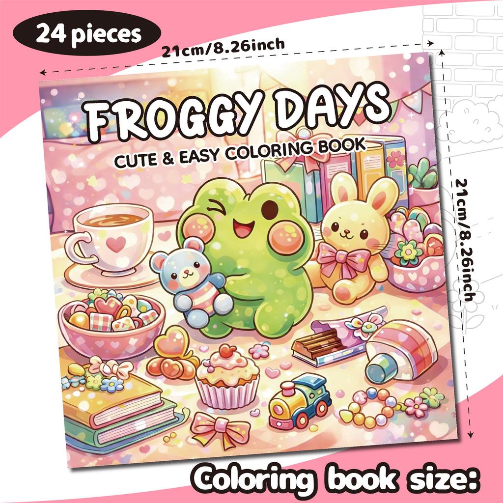 24 Sheets for Stress Relief, Warmth and Comfort, Coloring Picture Books, Cute Pets, Frogs, Cartoon Graffiti Coloring Books