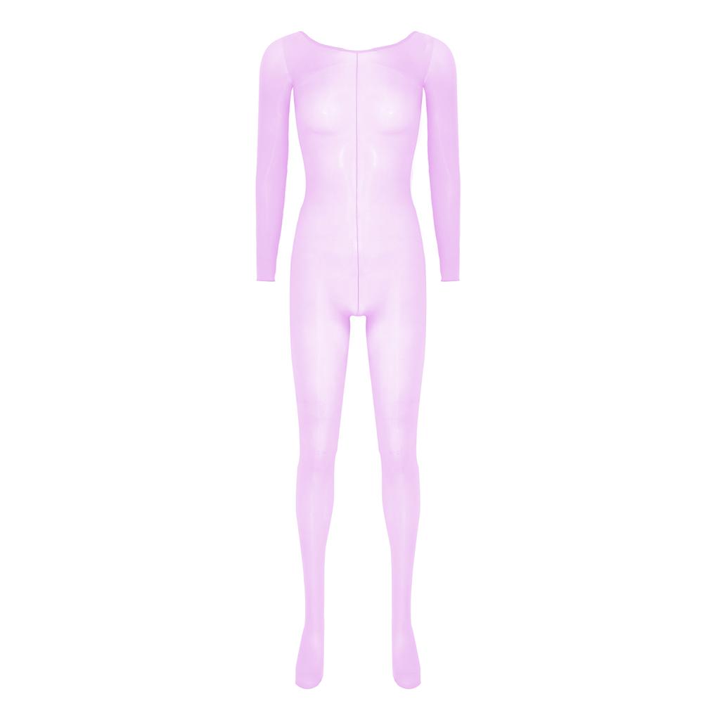 Womens Glossy Unitard See-through Stretchy Bodystocking Long Sleeve Bodysuit Valentines Day Nightwear