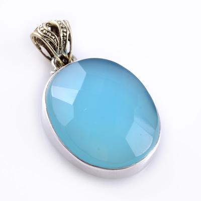 Natürlicher Aqua Chalcedon Edelstein 925 Massiv Sterlingsilber Anhänger 1,5" g0P46