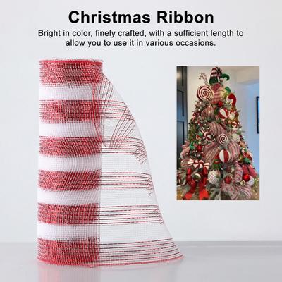 Christmas Mesh Ribbon 10 Inch X 10 Yards Red/Red White Stripe Metallic Foil Mesh Ribbon Roll for Swags Crafts