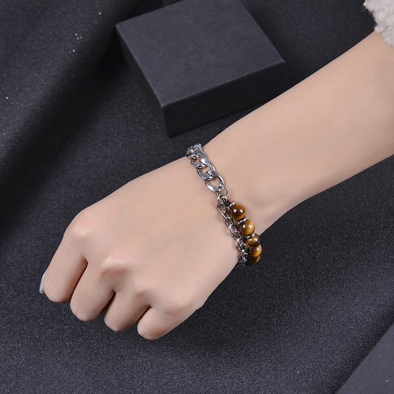 Meier Stainless Steel Men's Bracelet, Double-layer Tiger's Eye Stone Bracelet, Natural Stone Beaded Chain Bracelet