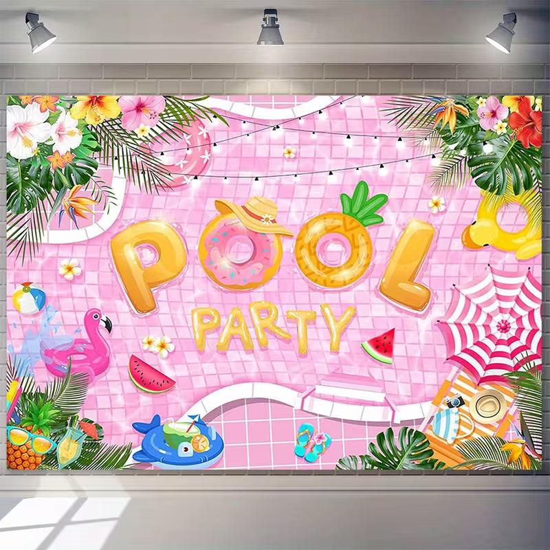 2D Summer Pool Party Backdrop with Watermelon and Pineapple for Kids Party