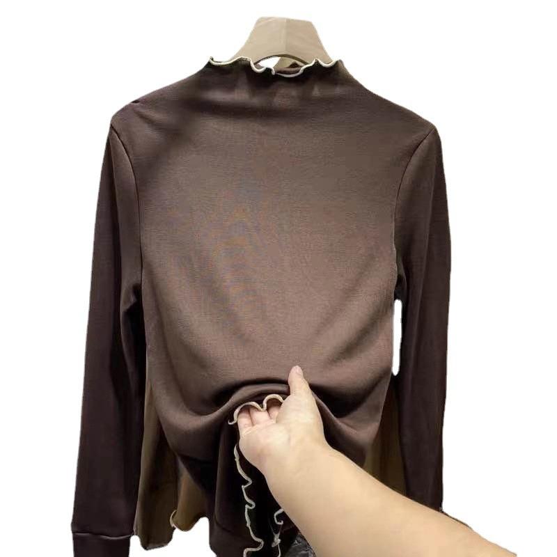 Women's Double-Sided Wear German Fleece Base Layer Top Warm Half-High Neck Ruffled Long Sleeve T-Shirt for Autumn and Winter