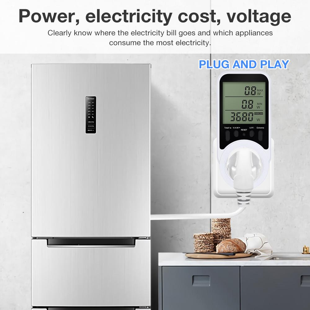 AC Power Meter Socket Electric Energy Monitor LCD Display Electricity Billing Plug KWH Voltage Current Tester Overload Protector