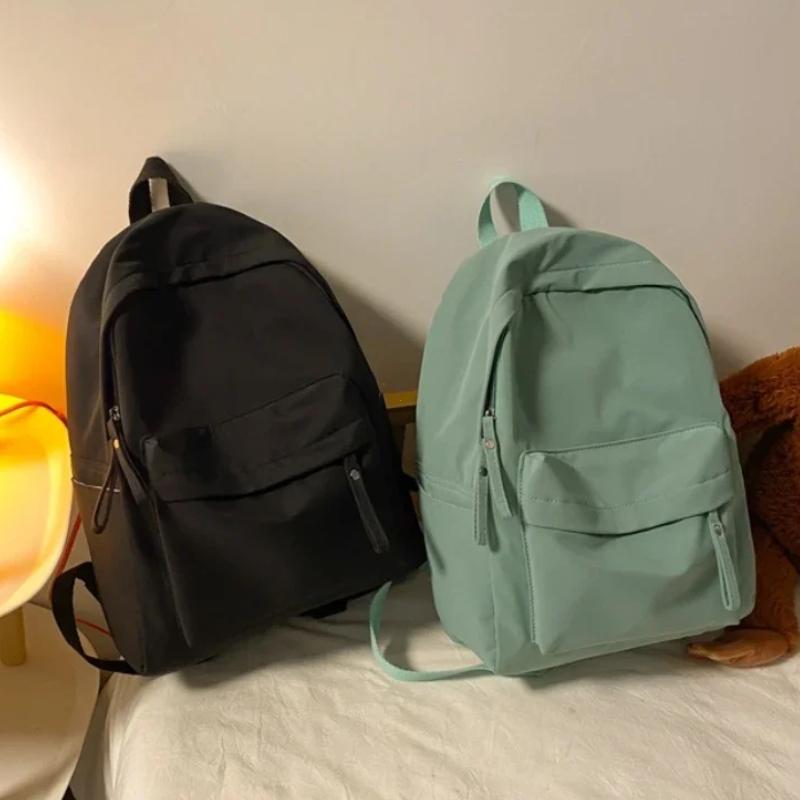 Waterproof Nylon Backpack for Women Simple Solid Color Bookbag Travel Backpack for Student Girls School Bag Female Shoulder Bags