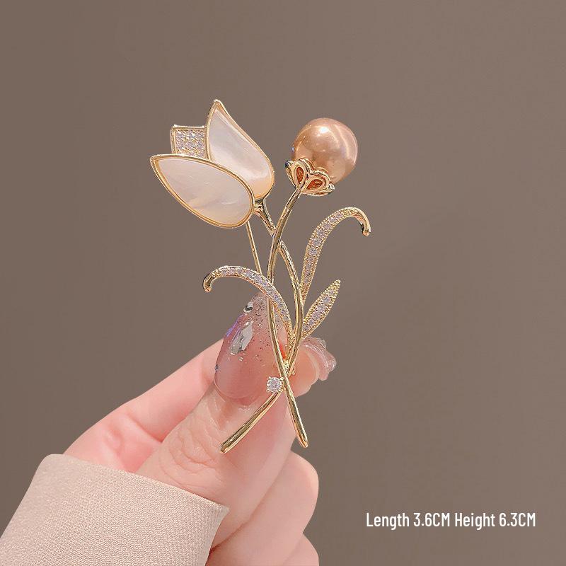 Elegant Tulip Pearl Crystal Brooch for Women - Floral Shawl Pin for Coats & Suits
