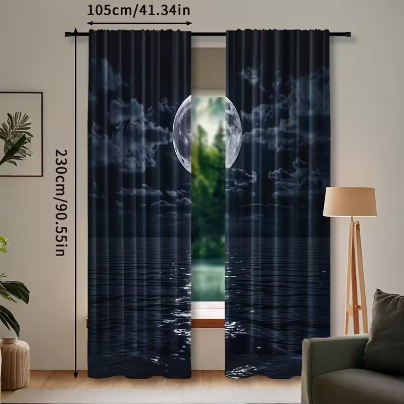 2Pcs Night view of the sea print curtains,suitable for bedroom,living room kitchen decoration,home decoration,window decoration